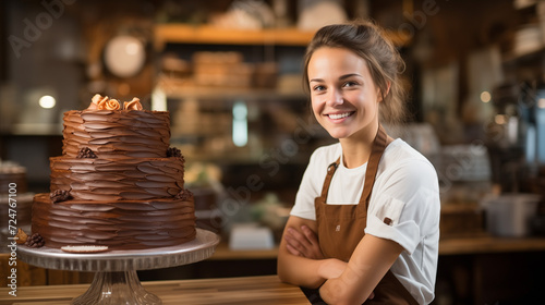 yooung woman baker or waitress proudly looking at an impressive three tier chocolate cake photo