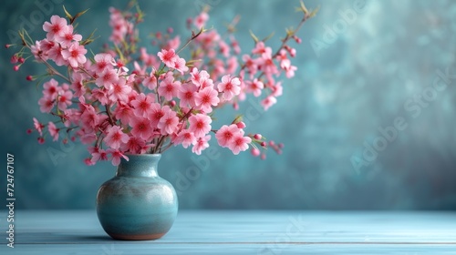  a blue vase filled with pink flowers on top of a wooden table with a blue wall in the back ground and a blue wall in the back ground behind it.