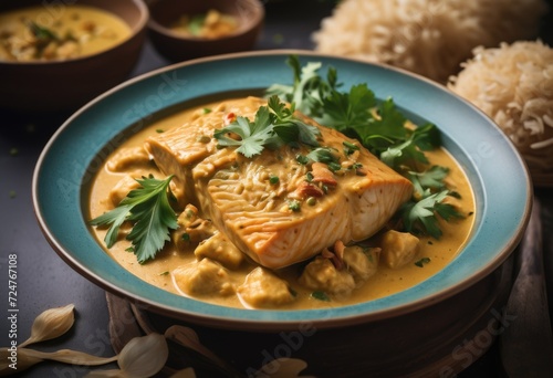 Fish Amok A specific version of amok using fish, typically catfish, with a creamy coconut curry sauce by ai generated