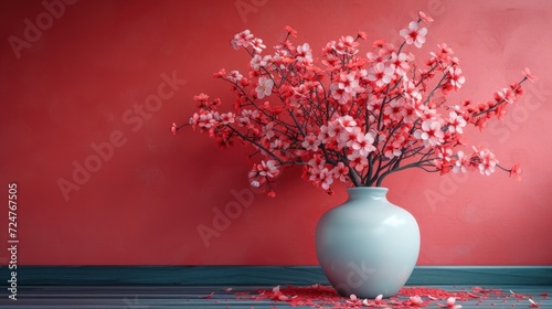 a white vase filled with red flowers on top of a wooden table next to a red wall and a red wall behind the vase is a blue vase with white flowers.