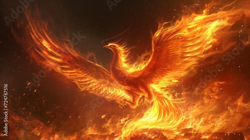 Golden Phoenix arising from the flames flying © Elvin