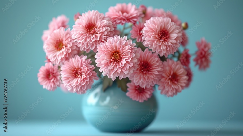  a blue vase filled with pink flowers sitting on top of a blue table next to a blue wall and a blue wall behind the vase is filled with pink flowers.