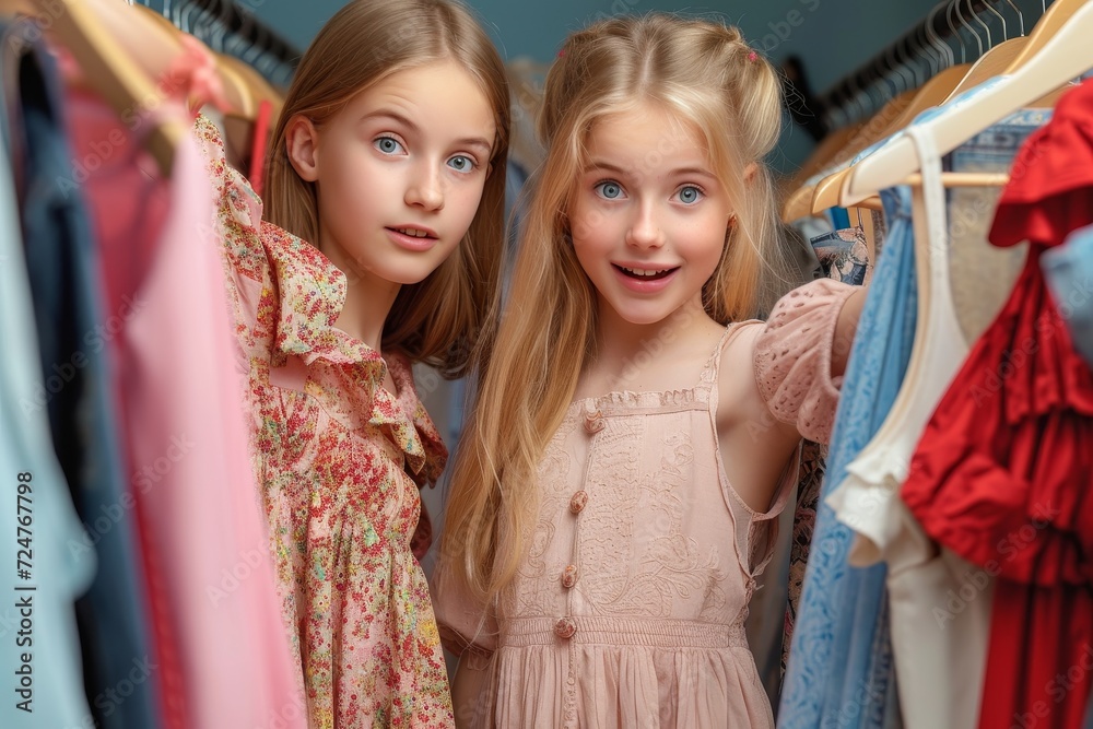 Two young girls, one with a bright smile and the other with a serious expression, stand in front of a wall of fashion designs in an indoor clothing store, their hair framing their faces as they admir