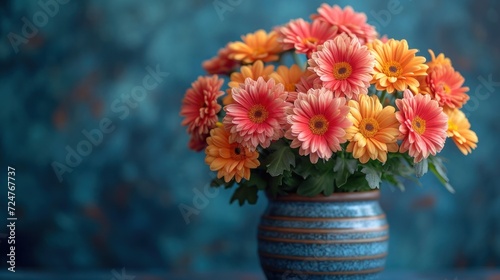  a blue vase filled with lots of orange and pink flowers on top of a blue table cloth covered tablecloth next to a teal blue wall with a blue background.