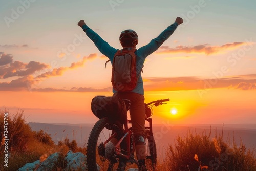 A man triumphantly raises his arms as he rides his bicycle into the vibrant sunset, the clouds parting to reveal the endless sky above and the open road ahead © Pinklife