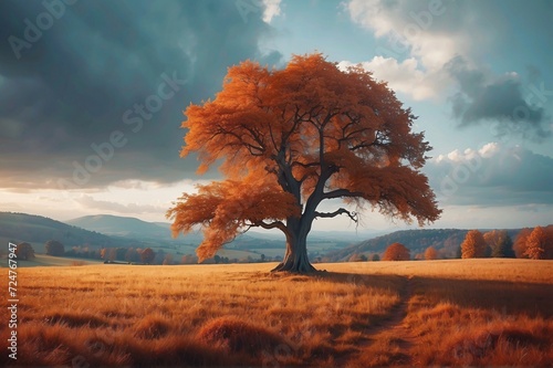Beautiful view of Autumn landscape with lone tree