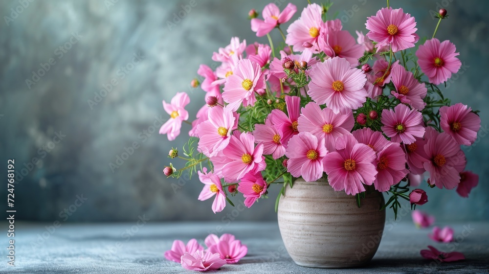 a vase filled with pink flowers sitting on top of a table next to a pile of pink flowers on a table top next to a gray wall and a blue background. a vase filled with pink flowers sitting on top of a table next to a pile of pink flowers on a table top next to a gray wall and a blue background.