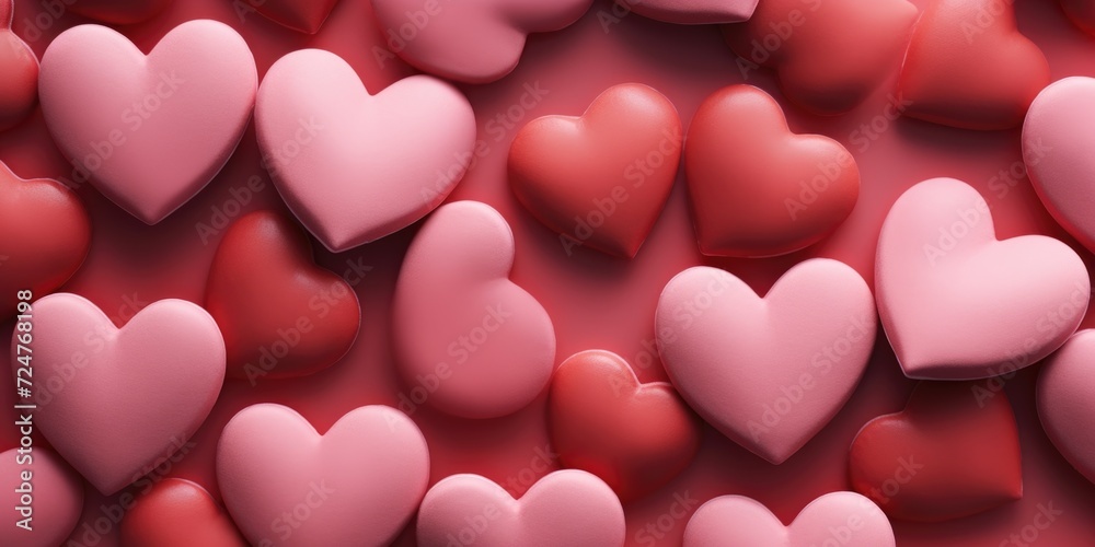 A vibrant display of red and pink hearts arranged on a red surface. Perfect for expressing love and affection. Suitable for Valentine's Day, anniversaries, and romantic occasions