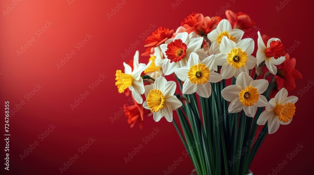  a bunch of white and yellow flowers in a vase on a red background with a red wall in the background and a white vase with yellow and red flowers in the middle.