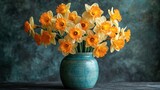  a blue vase filled with yellow flowers on top of a wooden table with a green wall behind it and a blue wall behind the vase with a bunch of yellow daffodils in it.