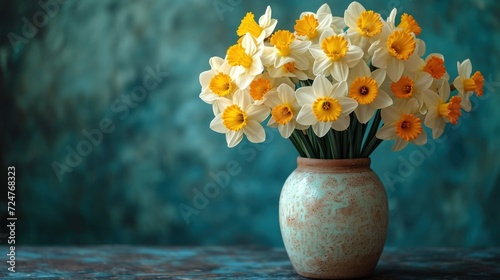  a vase of daffodils on a table in front of a blue and green wall with a painting of flowers in the corner of the vase on the side.