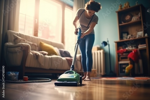 A woman is using a vacuum cleaner to clean the floor. Suitable for household cleaning and maintenance purposes