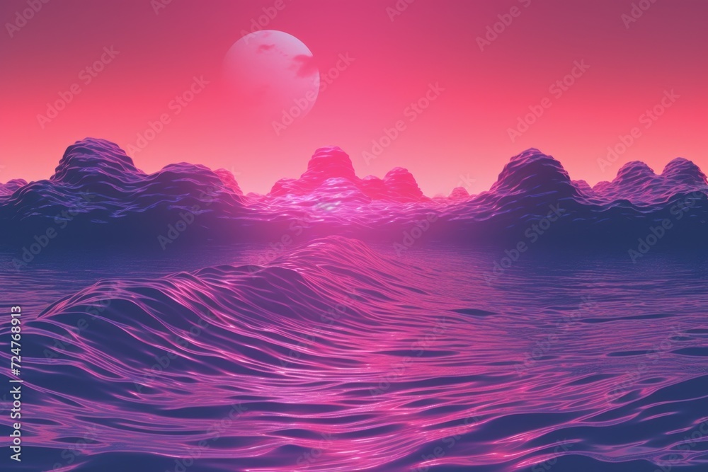 A beautiful pink sunset reflecting on a calm body of water. Ideal for travel and nature-themed projects