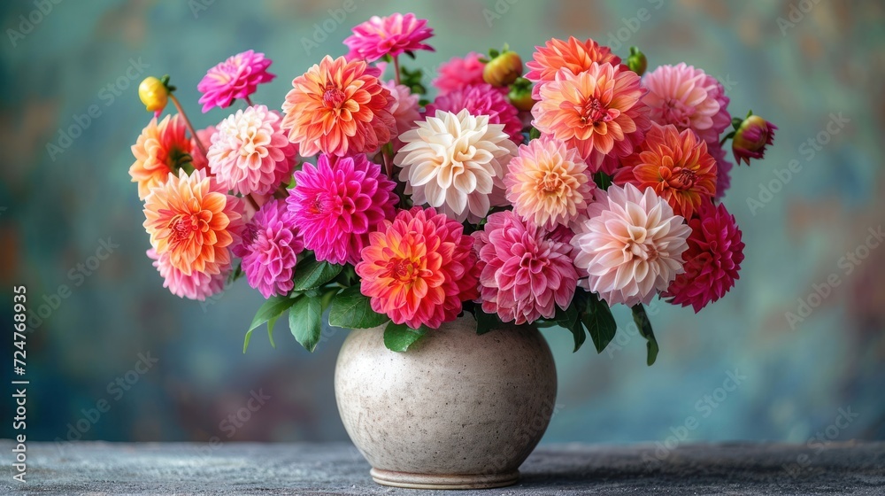 a white vase filled with lots of pink and orange flowers on top of a wooden table next to a blue and green wall with a blue wall in the background. a white vase filled with lots of pink and orange flowers on top of a wooden table next to a blue and green wall with a blue wall in the background.