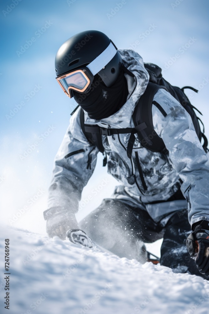 A man is seen riding a snowboard down a snow-covered slope. This image can be used to depict winter sports and outdoor activities