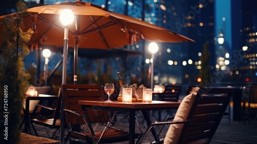 A table set with two glasses of wine and an umbrella. Perfect for a romantic outdoor setting or a cozy evening at home.