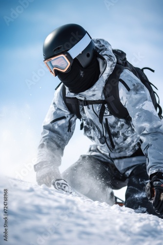A man is seen riding a snowboard down a snow-covered slope. This image can be used to depict winter sports and outdoor activities