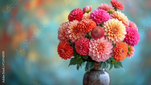  a vase filled with lots of pink and orange flowers on top of a blue and green tableclothed wall behind a vase filled with orange and pink and white flowers.