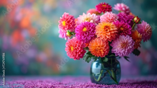  a vase filled with lots of colorful flowers on top of a purple carpeted floor next to a green vase filled with lots of pink and yellow and orange flowers.