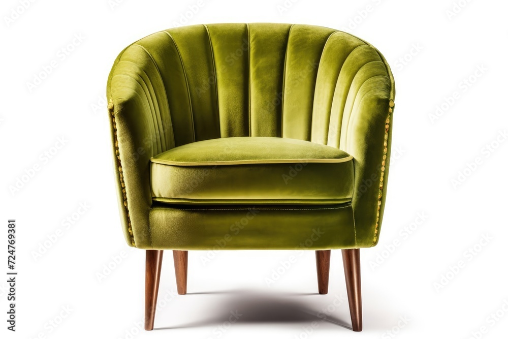 Fototapeta premium Classic art deco armchair with wooden legs and lime green velvet, clipped route isolated on white background. many furniture types