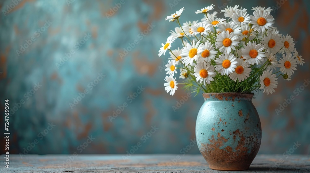 a vase filled with lots of white and yellow daisies on top of a wooden table in front of a blue and brown wall with a rusted pattered background. a vase filled with lots of white and yellow daisies on top of a wooden table in front of a blue and brown wall with a rusted pattered background.