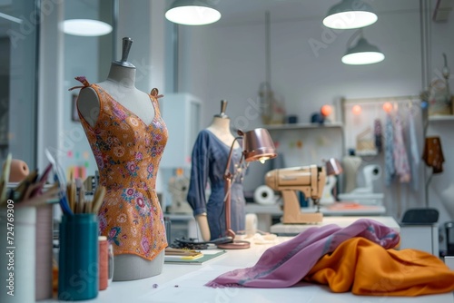 A person meticulously creates artful designs on clothing using sewing machines, surrounded by fashion-forward mannequins and a wall adorned with vases in an indoor shop photo
