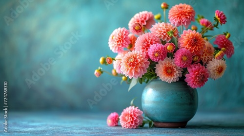  a vase filled with lots of pink flowers on top of a blue table next to a blue wall and a blue wall behind the vase with a bunch of pink flowers in it. © Shanti