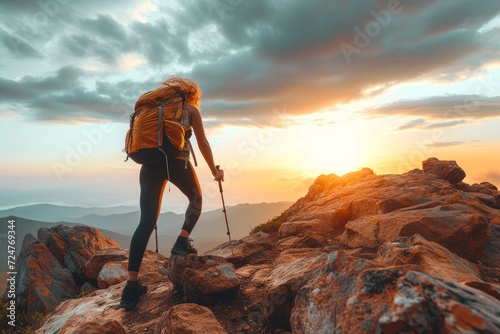 A fearless mountaineer navigates the treacherous rocky terrain, her rugged clothing and sturdy footwear a testament to her determination as she hikes towards the stunning sunset sky on her daring out © Pinklife