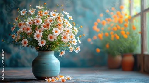  a vase filled with white and orange daisies on a table next to a blue wall with orange and white daisies on it and a window sill in the background.