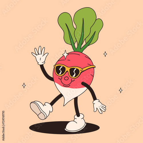 Funny vegetables retro cartoon characters sticker. Modern label with cute comics characters. Hand drawn doodles of comic mascot. Set in modern cartoon style. 70s retro vibes.