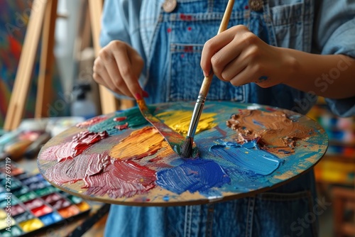 A creative artist donning a paint-splattered apron expertly brings a blank canvas to life with their vibrant strokes and colorful imagination in the comfort of their indoor studio