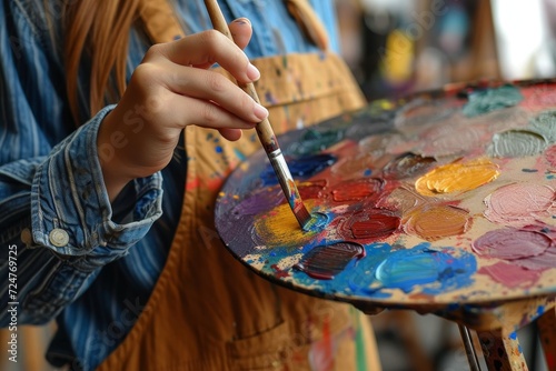 A child artist creates a vibrant masterpiece, guided by the gentle hand of a woman adorned in colorful clothing, as she teaches the beauty of self-expression through painting
