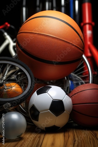 Various types of sports balls arranged neatly on a wooden table. Ideal for sports enthusiasts and sports-related content