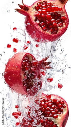 Liquid explosion as pomegranate slices cascade in a juice waterfall