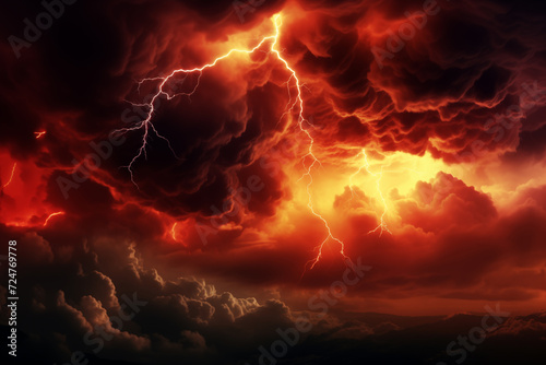 Dramatic red clouds and lightning