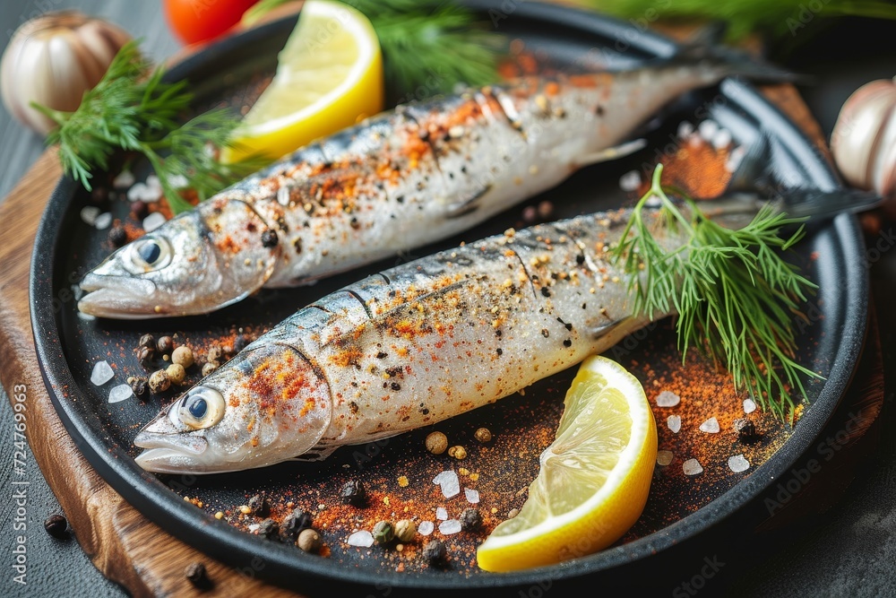 A mouth-watering dish of smoked tinapa and fried sardines, topped with tangy lemon slices and aromatic spices, served on a bed of fresh vegetables, showcasing the rich flavors and vibrant colors of s A mouth-watering dish of smoked tinapa and fried sardines, topped with tangy lemon slices and aromatic spices, served on a bed of fresh vegetables, showcasing the rich flavors and vibrant colors of s