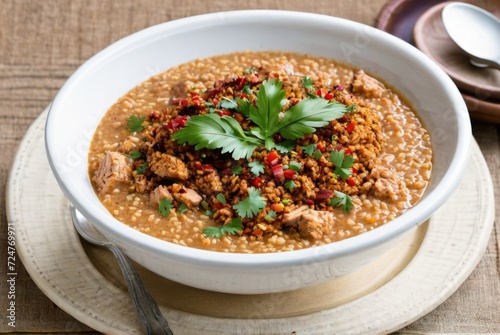 Harissa A porridge-like dish made from cracked wheat, meat (usually chicken or lamb) by ai generated