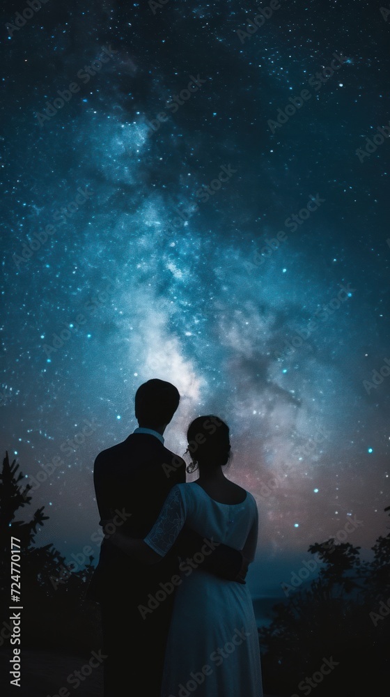 Silhouette of a couple against a backdrop of the starry night sky