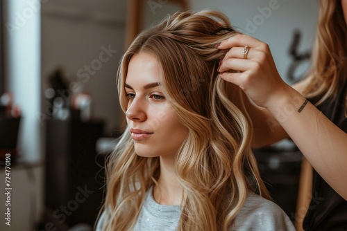 Blonde hairstylist in a modern salon, working with professional tools on her client