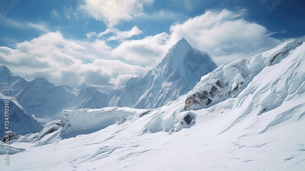 Obraz premium A person on a snowboard navigating down a snowy mountain. Perfect for winter sports and adventure-themed designs