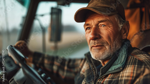 A Mature farmer driving tractor on a farm. Generative AI.