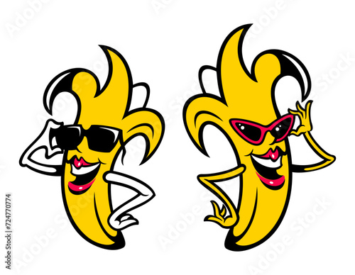 Cartoon style banana characters in the sunglasses. Isolated on white background.