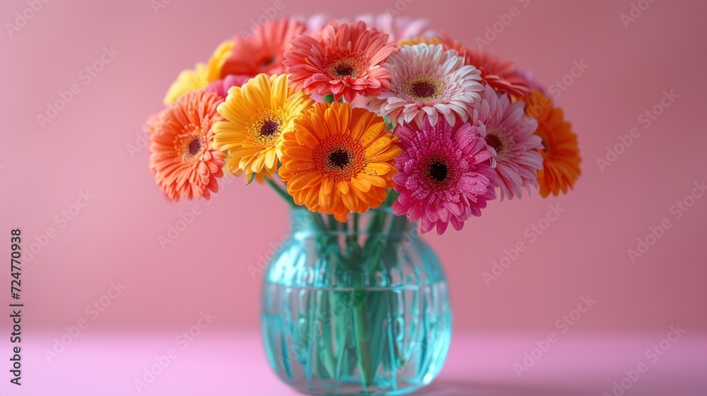  a vase filled with colorful flowers on top of a pink surface with a pink wall behind it and a pink wall behind the vase with a pink wall in the background.