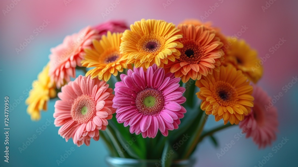 a close up of a vase of flowers with a pink and yellow flower on the top of the vase and a blue background behind the vase is filled with orange and pink flowers. a close up of a vase of flowers with a pink and yellow flower on the top of the vase and a blue background behind the vase is filled with orange and pink flowers.