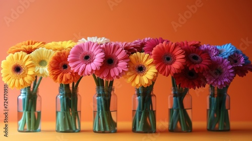  a row of vases filled with colorful flowers on top of a yellow table with an orange wall behind the row of vases filled with colorful flowers on top of the row.