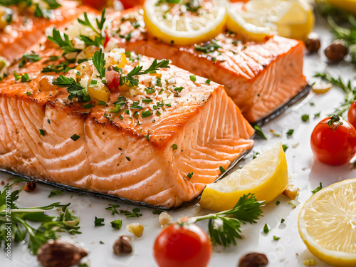Roasted salmon with lemon and parsley on a white background.