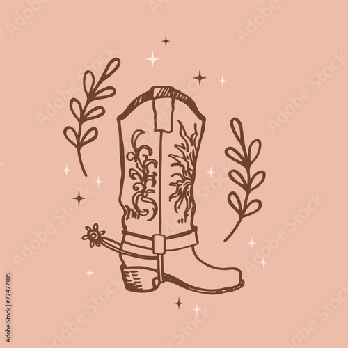 Cowboy boots sketch boho background hand drawn vector illustration Wild West shoes and stars design retro element for poster, print, card, icon, flyer, paper, wrapping. Lifestyle, fashion, art