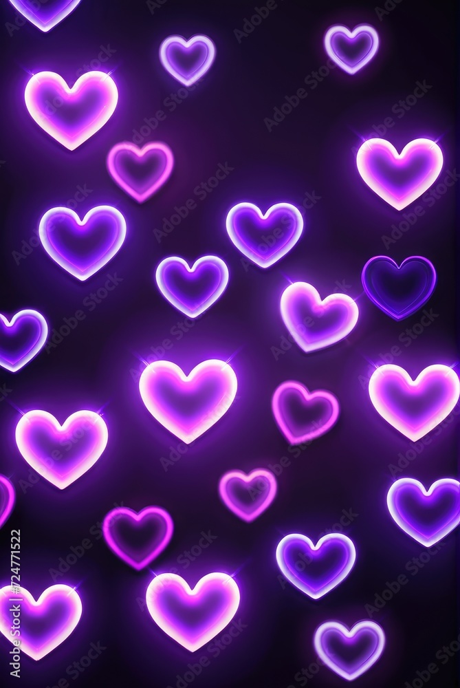 Purple Hearts Background Illuminated by Glowing Neon Cute Hearts by ai generated