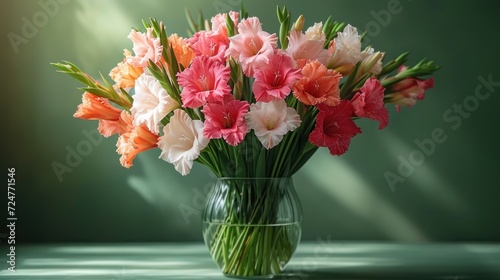 Wallpaper Mural  a vase filled with lots of pink and white flowers on top of a green table next to a green wall and a green wall behind it is a green wall. Torontodigital.ca