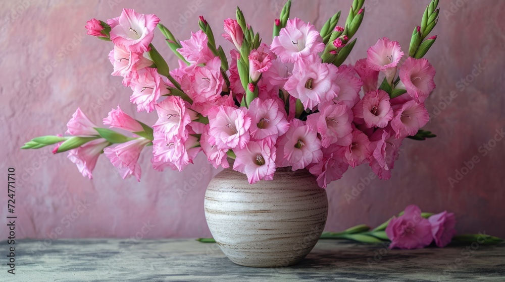 a vase filled with pink flowers sitting on top of a table next to another vase filled with pink flowers on top of a table and a pink wall in the background. a vase filled with pink flowers sitting on top of a table next to another vase filled with pink flowers on top of a table and a pink wall in the background.